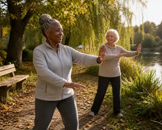 Two senior women, one Black and one white, practicing Tai chi together in a sunlit riverside park, sharing a moment of calm and companionship.
