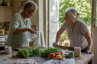 Two elderly women with diverse backgrounds share a genuine moment while preparing lunch in a cozy, sunlit French kitchen, surrounded by fresh ingredients and signs of daily life.