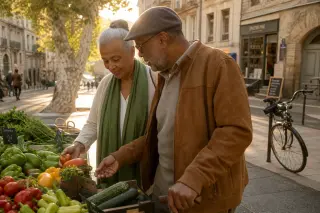 Senior couple at an outdoor market stand in Angoulême, pausing together and looking at fresh vegetables, warm golden sunlight, natural street setting.