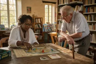 Two seniors in a cozy village library in Charente, focused on playing a board game together in soft natural light.