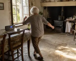 Senior woman dancing alone in a sunlit rustic kitchen, morning light streaming through window, warm and lively atmosphere.