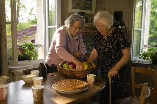 Two senior women in a sunlit rustic kitchen, choosing fruit from a basket together, one with a cane, surrounded by natural morning light and signs of daily life.