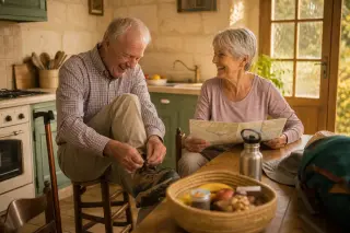 Elderly couple in a cozy kitchen preparing for a walk, sharing a natural laugh with walking gear and sunlight streaming in, creating a warm and authentic atmosphere.