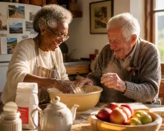 Two multicultural seniors preparing food together in a warm, sunlit Charentais kitchen, sharing a joyful, authentic moment.