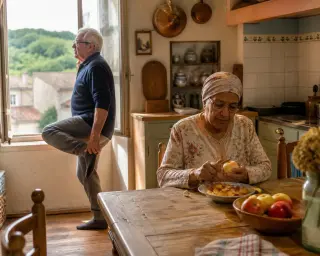 Two diverse seniors in a warm village kitchen, an elderly woman preparing apples and a man gently stretching by an open window, soft afternoon light highlighting the relaxed, authentic atmosphere.